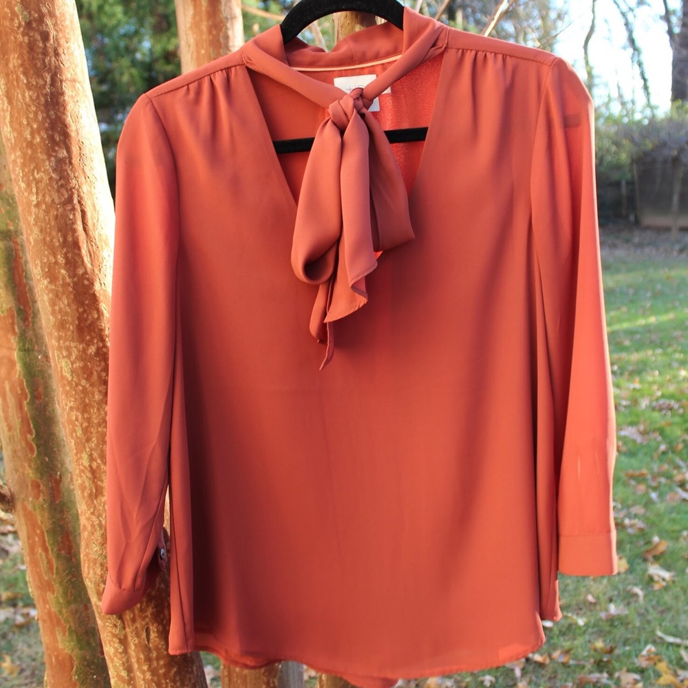 Anthro HD in Paris Tie-Neck Blouse in Rust